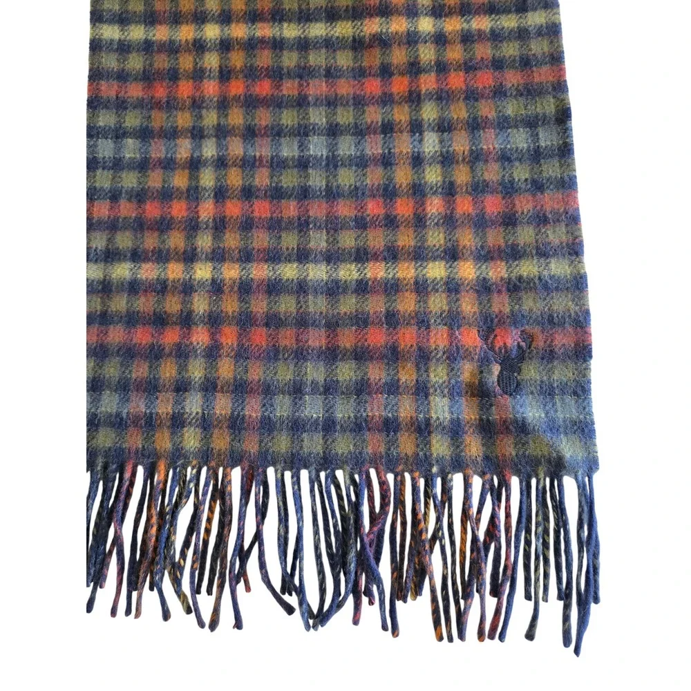 Viyella Scarf Mens Blue Orange Plaid Wool Cashmere Reversible Stag Logo Luxury